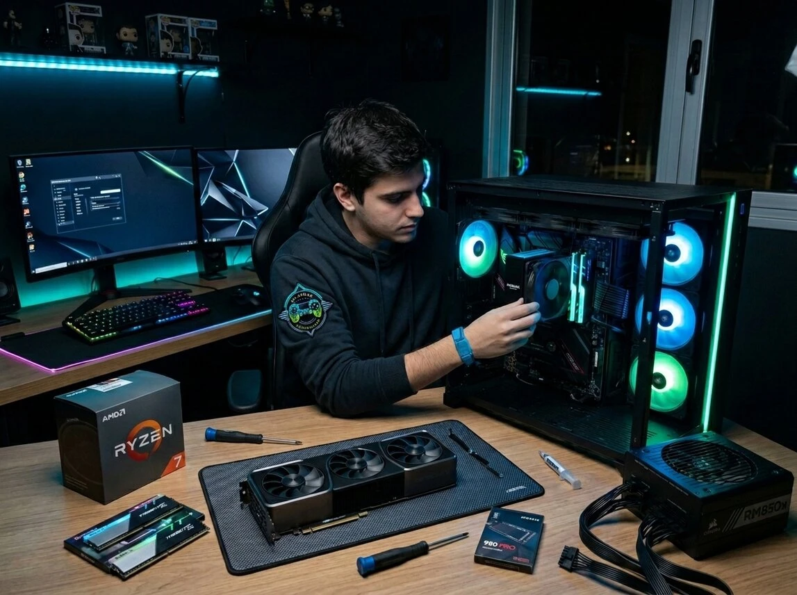Persona armando una PC gamer con componentes sobre la mesa