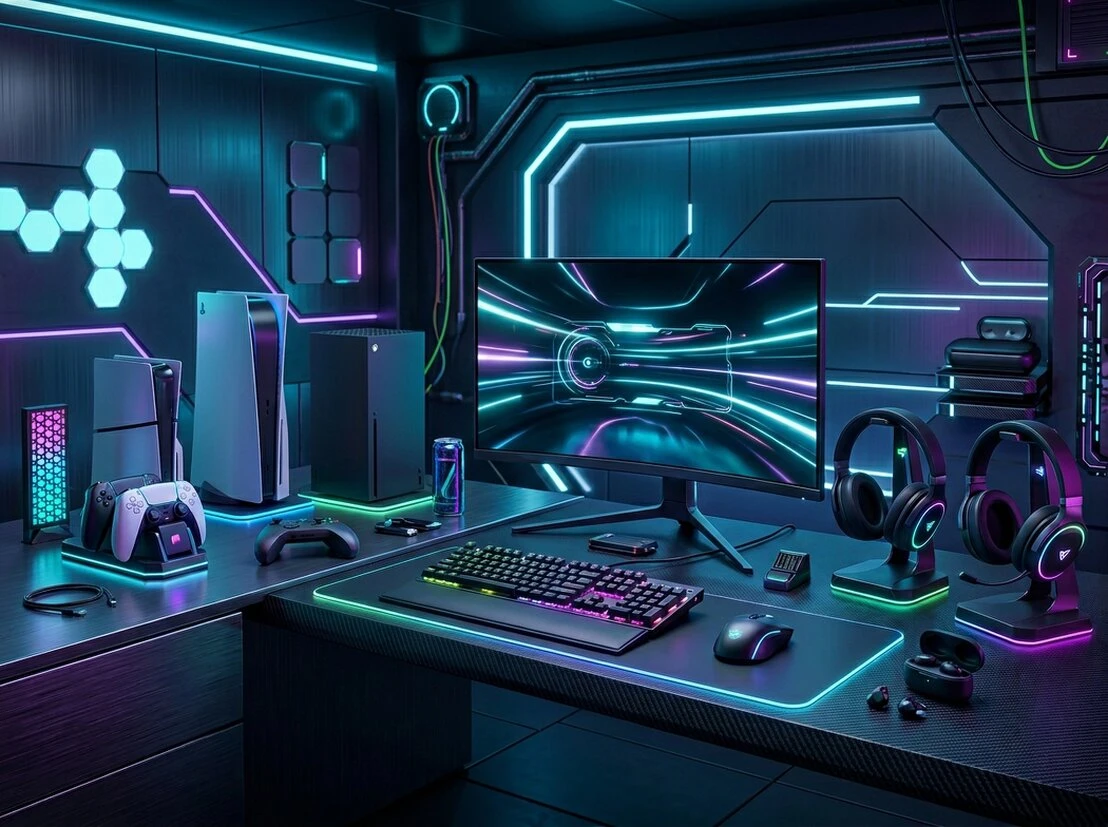 Consola de videojuegos con controles sobre una mesa