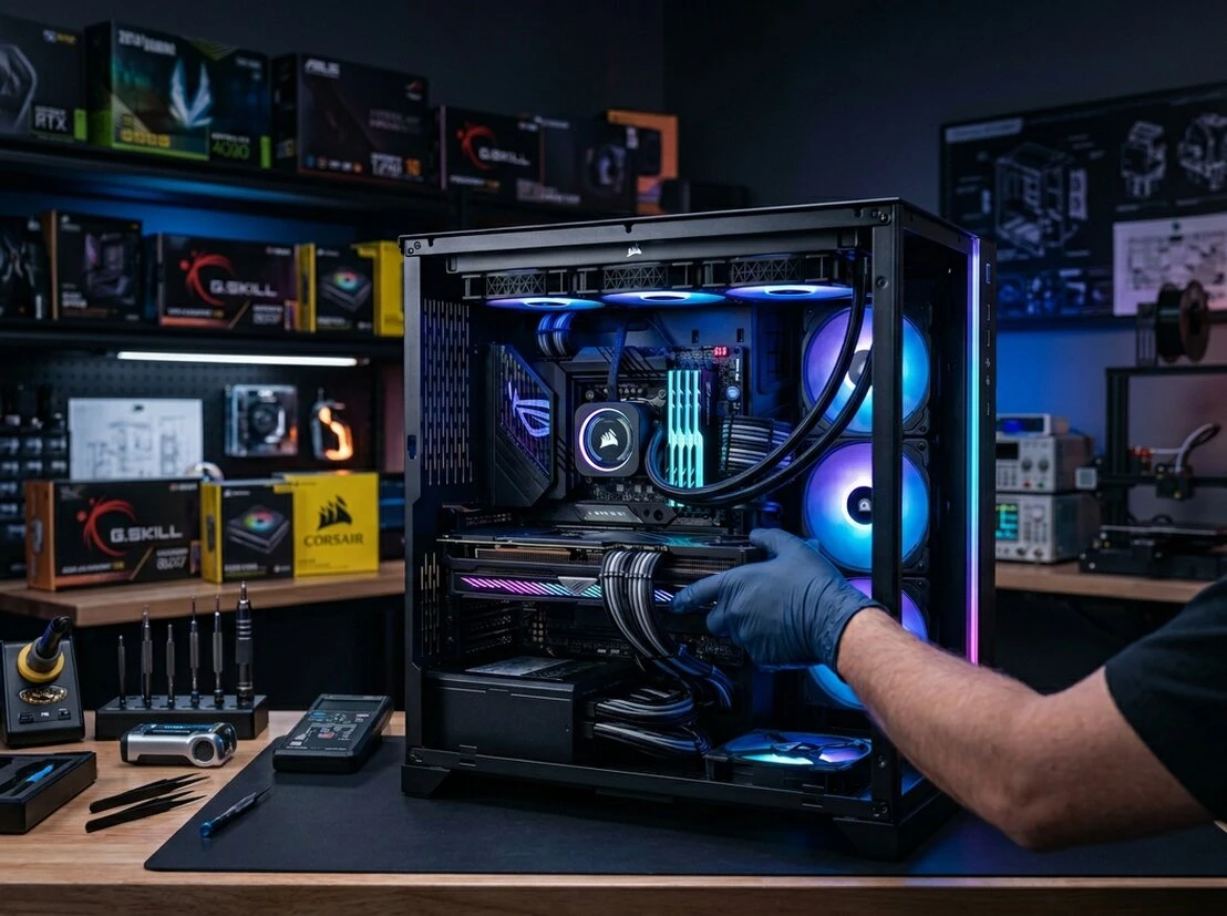 Técnico armando una PC gamer con componentes