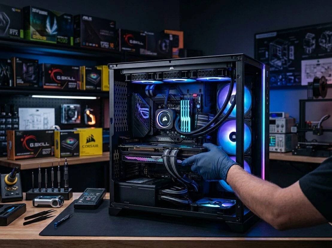 Técnico armando una PC gamer con componentes RGB