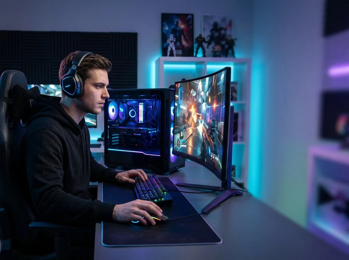 PC gamer encendida mostrando un juego en pantalla
