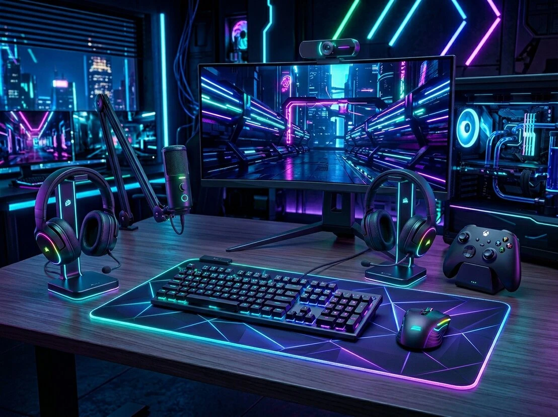 Periféricos gamer con teclado, mouse y auriculares RGB