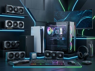 Collage de consola, placa de video y periféricos gamer