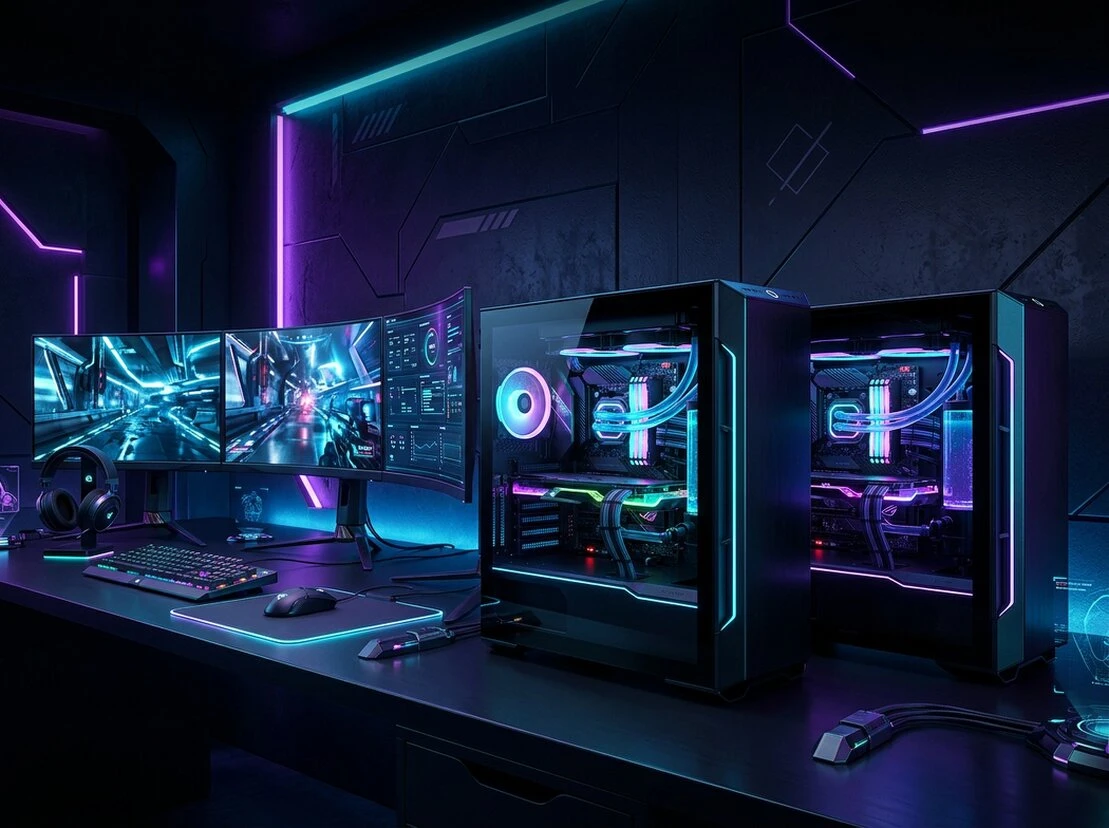 PC gamer con iluminación RGB y monitor encendido