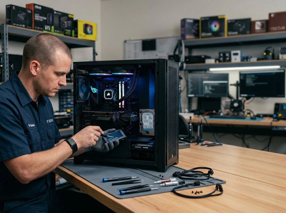 Técnico revisando componentes de PC gamer