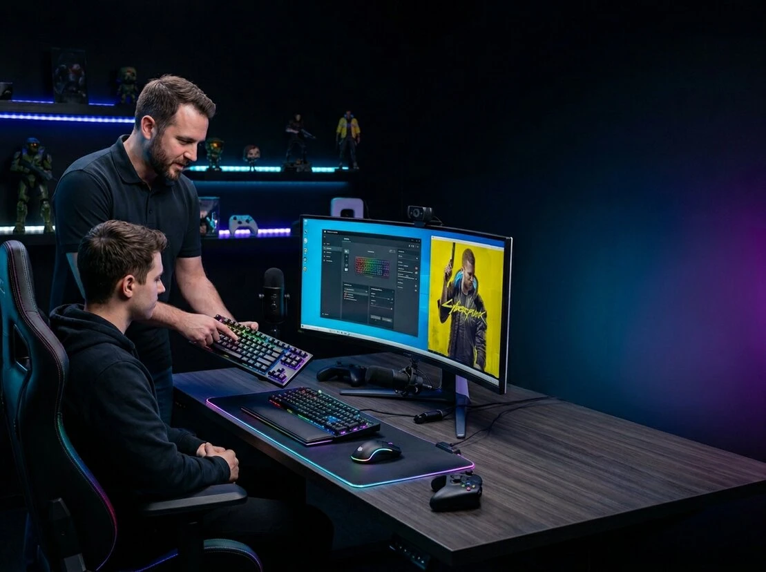 Setup gamer con teclado, mouse y auriculares con luces RGB